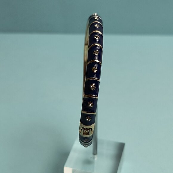 NORDSTROM Sequin Enamel Hinge Bangle Bracelet Clamper Navy Gold Tone Rhinestone - Picture 2 of 5